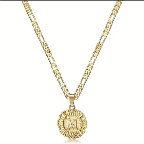 New M Initial Letter Coin Style Chain Link Necklace - Picture 1 of 9